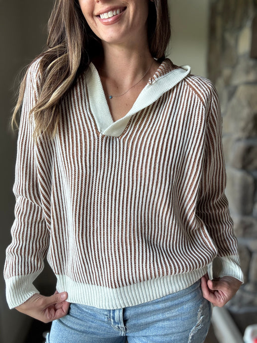 camel+cream ribbed hooded sweater