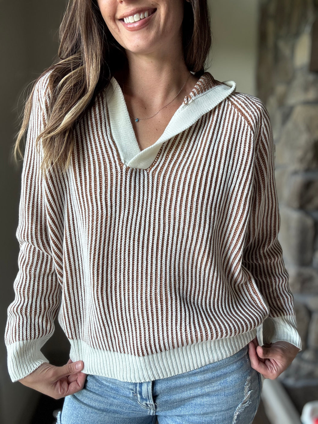 camel+cream ribbed hooded sweater