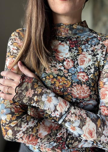 fall floral black mesh long sleeve top