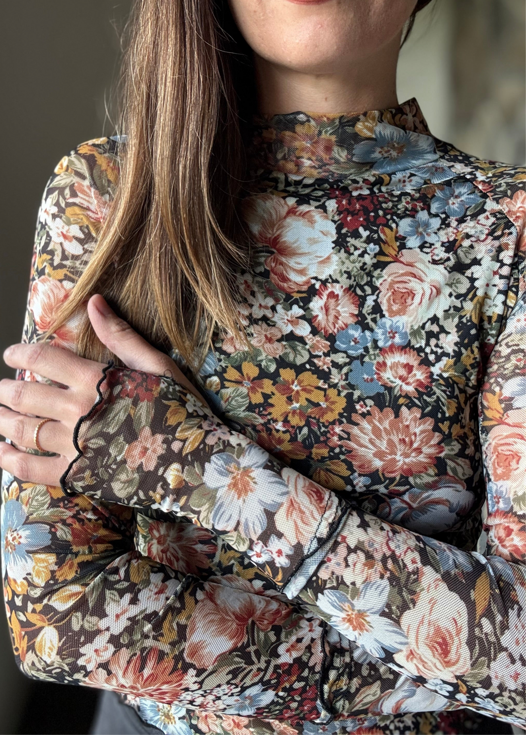 fall floral black mesh long sleeve top