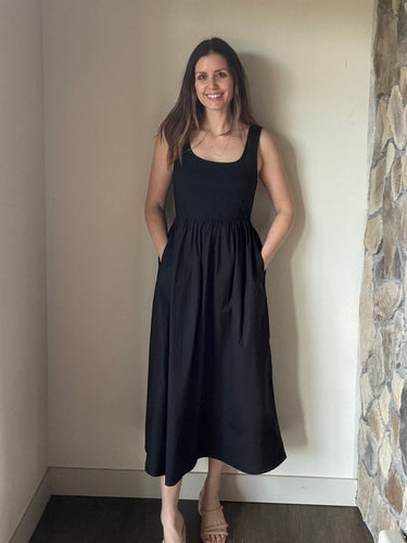 black mixed media scoop midi dress