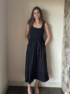 black mixed media scoop midi dress