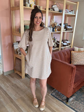 Load image into Gallery viewer, taupe + ivory striped short sleeve dress