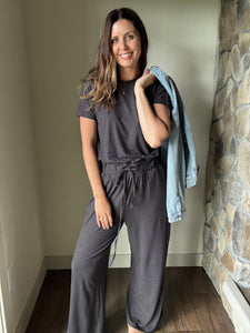 buttery-soft charcoal short sleeve jumpsuit