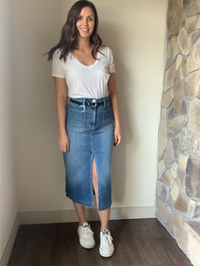 utility pocket denim midi skirt