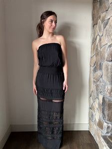 black crochet strapless maxi dress