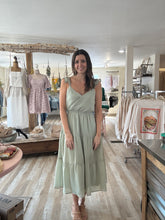 Load image into Gallery viewer, steady surplice top tiered sage midi dress