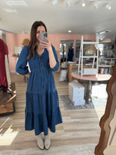 Load image into Gallery viewer, dark denim tie front tiered midi dress