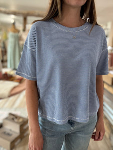 blue + white stripe knit top