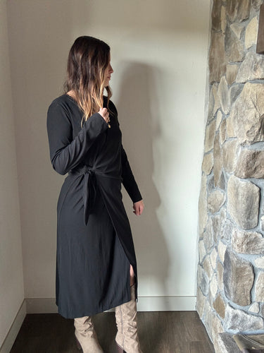 black ribbed midi tie dress