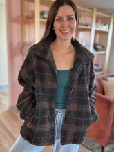 Load image into Gallery viewer, brown + green plaid sherpa jacket
