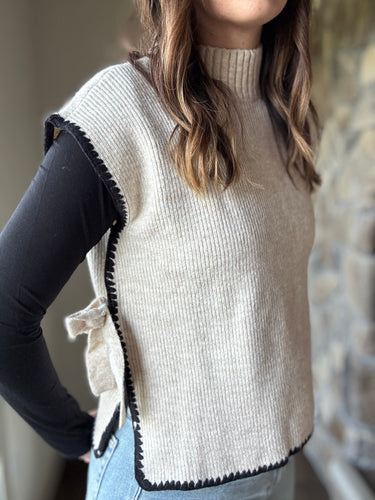 oatmeal mock neck with black trim