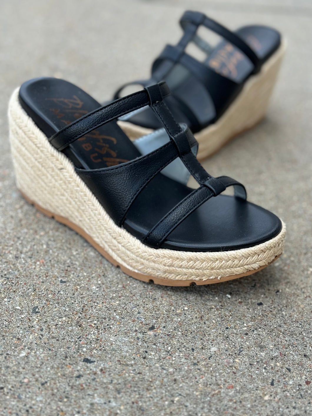 blowfish black rope wedge sandals