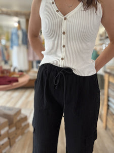 black cotton gauze cargo wide leg pants