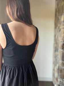black mixed media scoop midi dress