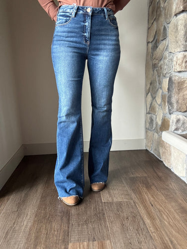 dark high rise flare jeans