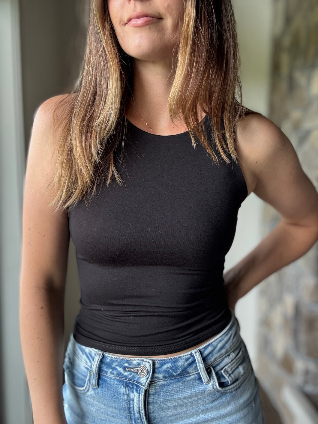 black soft boat neck tank top
