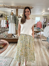 Load image into Gallery viewer, ivory green floral button midi skirt