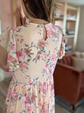 Load image into Gallery viewer, peach mesh floral fit + flare dress