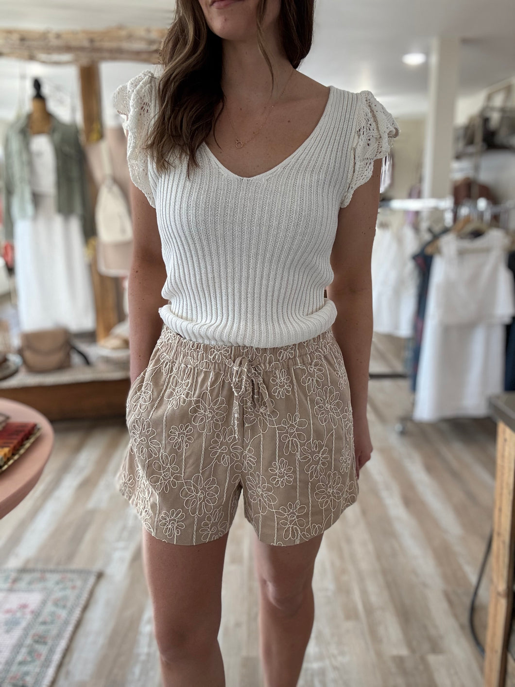 mocha floral embroidered shorts