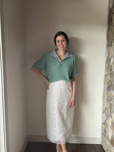 green + blue knit short sleeve collared top