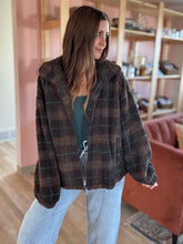 Load image into Gallery viewer, brown + green plaid sherpa jacket