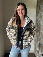 Load image into Gallery viewer, cream+brown sherpa jacket with black denim detailing