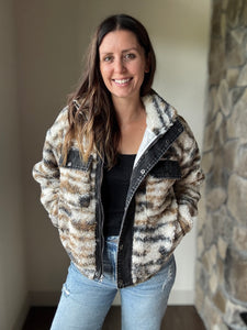 cream+brown sherpa jacket with black denim detailing