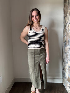 olive denim slit front long skirt