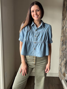 denim tiered collared top