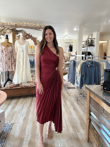 merlot satin pleated one shoulder midi dress