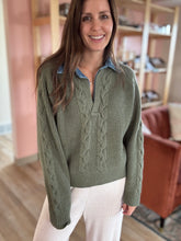 Load image into Gallery viewer, olive sweater + denim shirt mix
