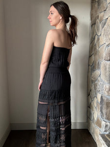 black crochet strapless maxi dress