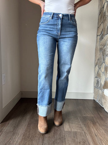 high rise straight cuffed relaxed jeans