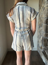 Load image into Gallery viewer, natural blue stripe romper