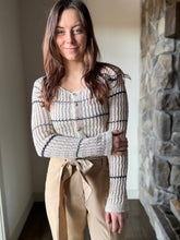 Load image into Gallery viewer, taupe + navy stripe cardigan sweater