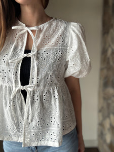 sunday stroll white eyelet front tie top