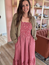 Load image into Gallery viewer, red gingham tiered midi dress
