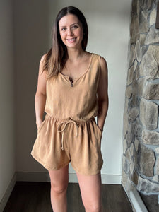 caramel mineral washed french terry romper