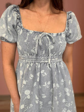 Load image into Gallery viewer, washed denim floral mini dress