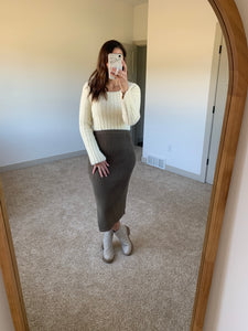 SAGE THE LABEL kalli side slit sweater midi olive skirt