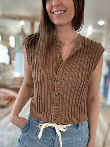 brown crochet knit button vest