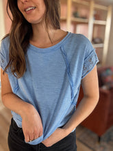 Load image into Gallery viewer, bright blue crochet lace top