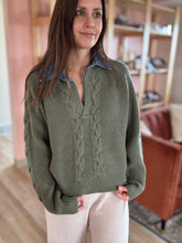 Load image into Gallery viewer, olive sweater + denim shirt mix