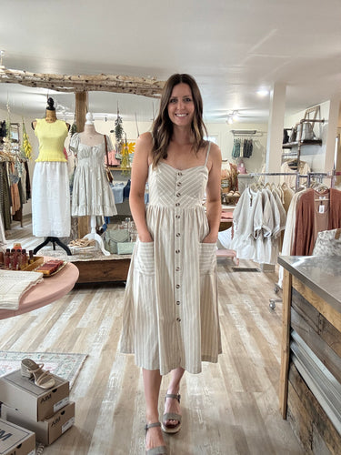 taupe stripe button down midi dress