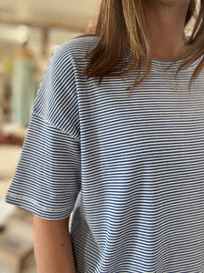 blue + white stripe knit top
