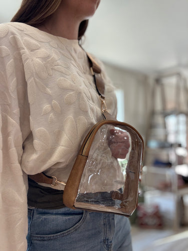 clear sling bag in taupe
