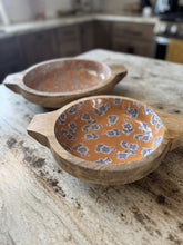 Load image into Gallery viewer, orange + blue floral mango wood bowls with handles | 2 sizes