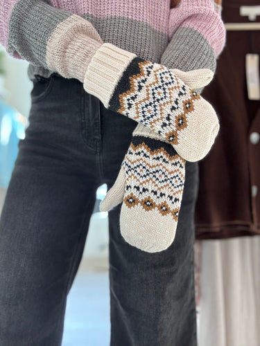 cream, black + camel nordic mittens