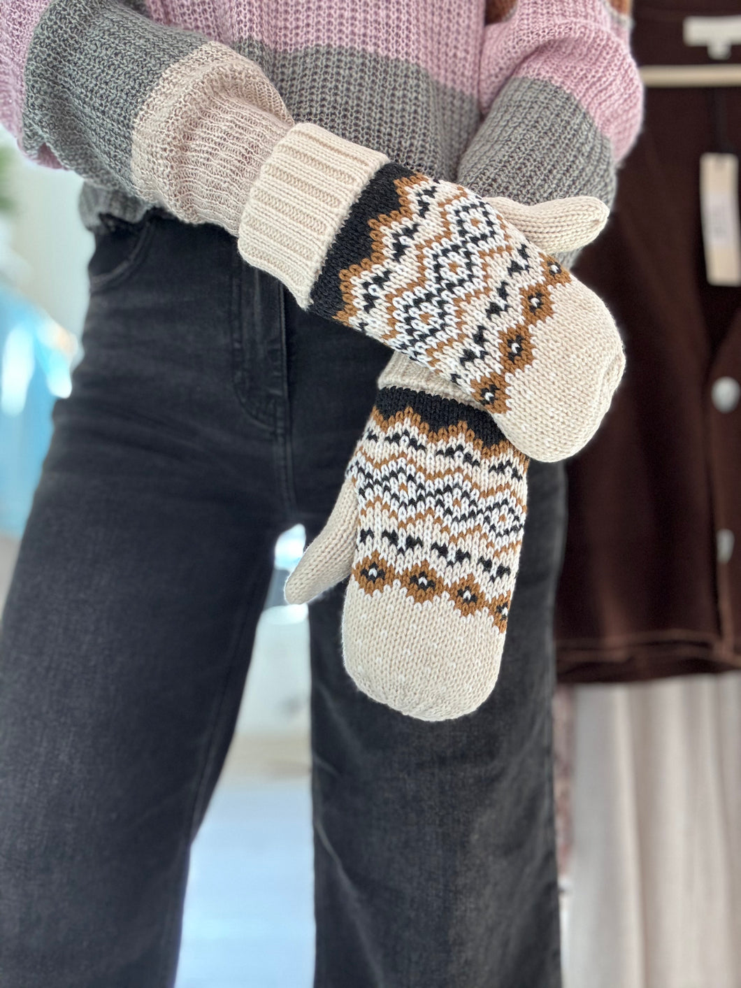 cream, black + camel nordic mittens